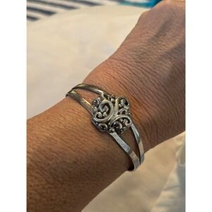 925 Sterling Silver Filigree Scroll Open Cuff Bracelet Split Band Vintage Style